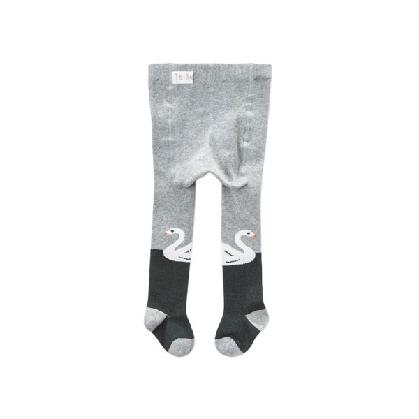 Graue Kinderstrumpfhose ‘Schwan’ von Dave & Bella mit eingestricktem Schwanmotiv, verstärkter Ferse, flacher Zehennaht und hohem Baumwollanteil – ideal für Herbst und Winter.